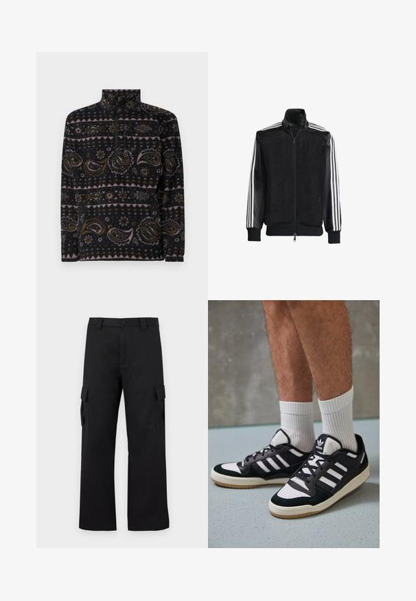 Schwarze Mesh-Jacke mit Reißverschluss vorne, die aus einem einfarbigen schwarzen Ärmeln und drei weißen Streifen an den Armen besteht. Gerippte Bündchen und Saum.; Schwarzer Fleece-Pullover mit Paisley- und geometrischen Mustern in Braun, Rosa und Creme. Verfügt über einen Viertelreißverschluss und hohen Kragen.; Schwarze Cargo-Hosen mit geradem Bein Design. Hergestellt aus strapazierfähigem Stoff, mit zwei Seitentaschen mit Klappen und einem Knopfverschluss.; Schwarz-weiße Sneaker mit einem Obermaterial aus Wildleder und Leder, ausgestattet mit drei weißen Streifen, einer perforierten Zehenpartie und einer Sohle aus Gummi.
