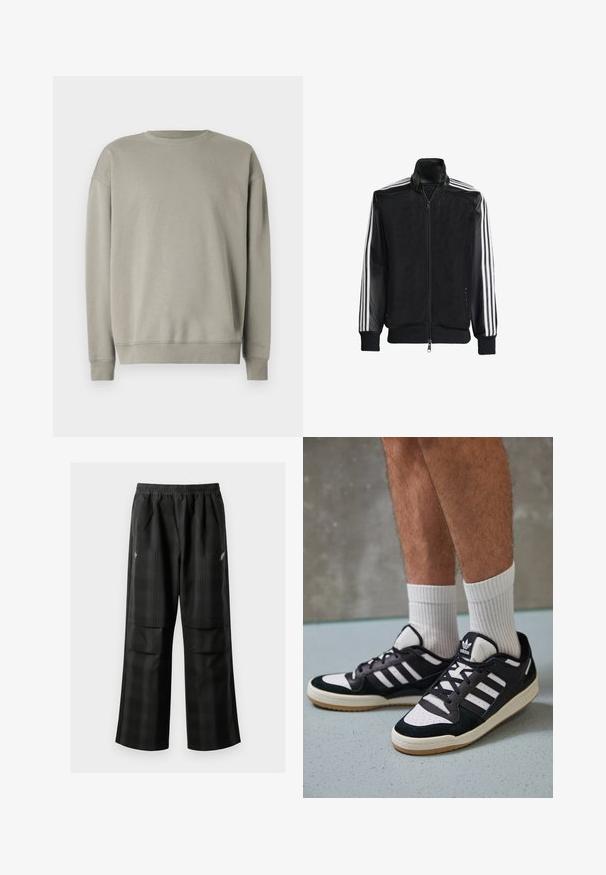 Melna režģa jakas ar rāvējslēdzēja priekšpusi, kam ir viendabīgas melnas piedurknes un trīs baltas svītras gar rokām. Ribota aproce un apakša.; Gaiši pelēks krekls ar vienkāršu apaļu kakla izgriezumu, garām piedurknēm un ribotiem manžetēm, izgatavots no mīksta auduma ar gludu tekstūru.; Melnas kvadrātveida bikses ar elastīgu jostu, divām priekšējām kabatām un brīvu piegriezumu ar taisnām kājām. Izgatavotas no viegla materiāla.; Melnas un baltas kedas ar zamša un ādas augšdaļu, kas aprīkotas ar trim baltām svītrām, perforētu purngali un gumijas zolēm.