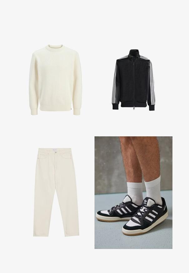 Schwarze Mesh-Jacke mit Reißverschluss vorne, die aus einem einfarbigen schwarzen Ärmeln und drei weißen Streifen an den Armen besteht. Gerippte Bündchen und Saum.; Cremfarbener Rippstrickpullover mit rundem Ausschnitt, langen Ärmeln und elastischen Bündchen. Der Stoff wirkt texturiert und leicht dehnbar.; Beige Jeans aus Denim mit geradem Bein, fünf Taschen, Knopfverschluss und dezenten Nähdetails. Glatte Textur.; Schwarz-weiße Sneaker mit einem Obermaterial aus Wildleder und Leder, ausgestattet mit drei weißen Streifen, einer perforierten Zehenpartie und einer Sohle aus Gummi.