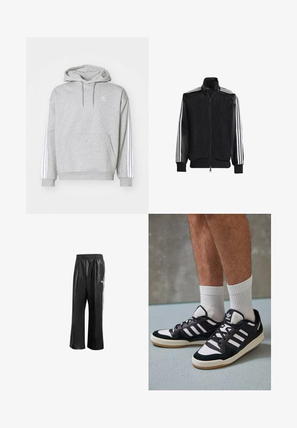 Jaqueta de malha preta com fecho zip, apresentando mangas pretas sólidas e três riscas brancas ao longo dos braços. Punhos e bainha canelados.; Sweatshirt cinza feito de mistura de algodão com bolso tipo canguru, desenho branco com três riscas nas mangas e pequeno logo branco no peito.; Calças de treino sintéticas pretas com um cós elástico, apresentando riscas laterais brancas e um pequeno logótipo branco no quadril esquerdo.; Ténis em preto e branco com upper em camurça e couro, apresentando três riscas brancas, um toe perfurado e uma sola em borracha de goma.