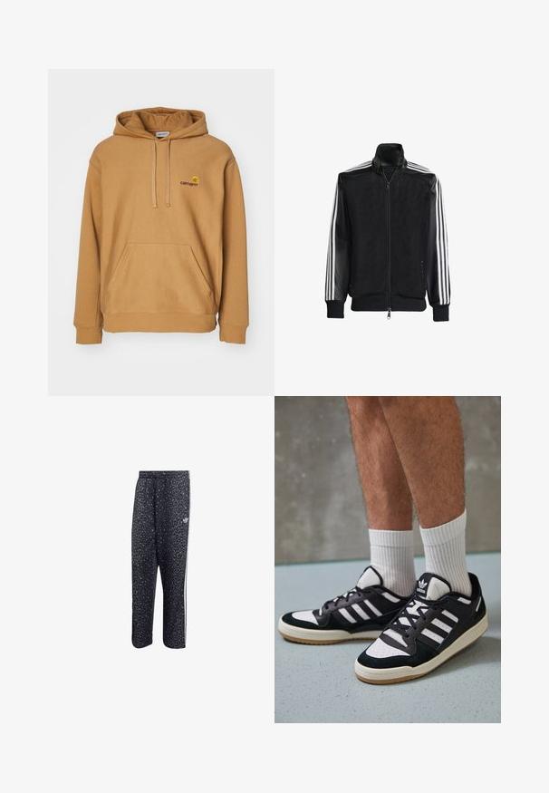 Musta verkkomantteli, jossa on vetoketjulla suljettava etuosa, mustat hihat ja kolme valkoista raitaa käsivarsilla. Ribbaatut hihansuut ja helma.; Ruskea huppari pehmeästä kankaasta, jossa on edessä tasku ja kirjailtu logo rinnassa. Yksinkertainen muotoilu, ribattu hiha.; Mustat urheiluhousut, joissa on leopardikuosiset yksityiskohdat, valkoiset kolme viivaa -design ja urheilumerkin logo sivussa.; Valkoiset ja mustat tennarit, joissa on mokkanahka- ja nahkapäällinen, kolme valkoista raitaa, rei'itetty kärki ja kumipohja.