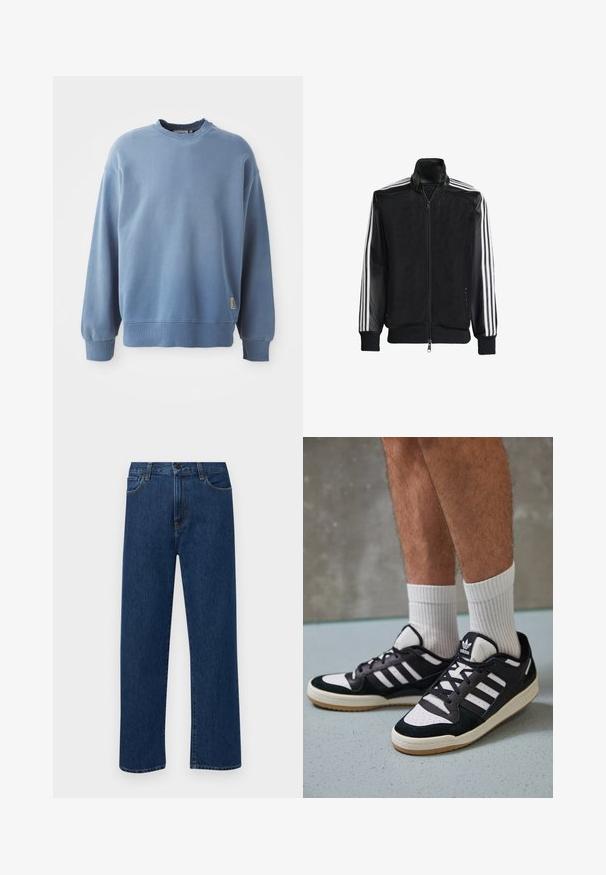 Black mesh jacket with a zip front, featuring solid black sleeves and three white stripes along the arms. Ribbed cuffs and hem.; Light blue sweatshirt made of soft fabric, featuring a round neck, long sleeves, ribbed cuffs and hem, with a small logo tag near the bottom.; Dark blue straight-leg denim jeans with front pockets and a button closure, displayed on a plain white background.; Black and white sneakers with a suede and leather upper, featuring three white stripes, a perforated toe, and a gum rubber sole.