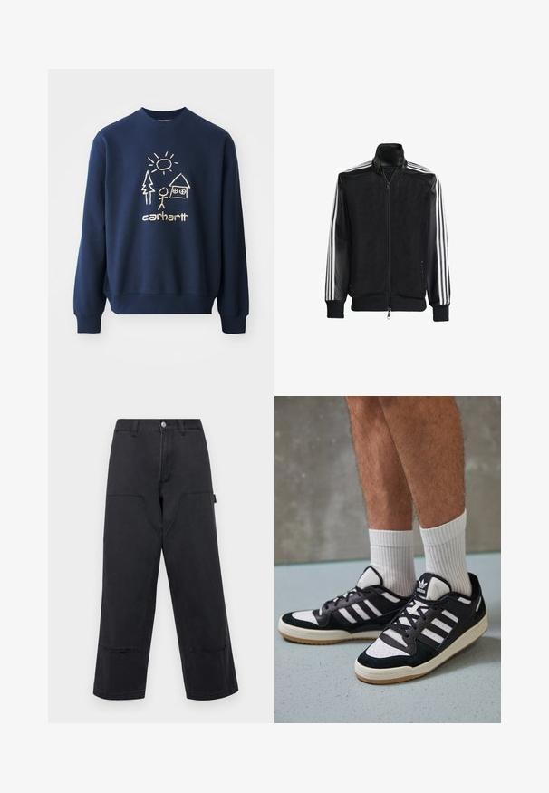 Černá síťovaná bunda na zip, s celými černými rukávy a třemi bílými pruhy podél rukávů. Hladké manžety a lem.; Námořnické modré mikina s krémovou grafikou zobrazující slunce, strom, postavičku a dům. Vyrobena z měkké, texturované tkaniny s žebrovanými manžetami.; Černé kalhoty s širokým nohavicemi z denimu s velkými předními kapsami, rovný střih a kontrastní prošívání. Obsahují kovové zapínání na knoflík.; Černobílé tenisky s vrchní částí z semišové a kožené kůže, včetně tří bílých pruhů, perforovaného špičky a podrážky z gumy.