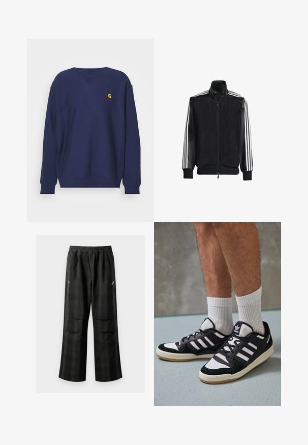 Melna režģa jakas ar rāvējslēdzēja priekšpusi, kam ir viendabīgas melnas piedurknes un trīs baltas svītras gar rokām. Ribota aproce un apakša.; Carhartt WIP AMERICAN SCRIPT - Ikdienas džemperis - air force blue; Melnas kvadrātveida bikses ar elastīgu jostu, divām priekšējām kabatām un brīvu piegriezumu ar taisnām kājām. Izgatavotas no viegla materiāla.; Melnas un baltas kedas ar zamša un ādas augšdaļu, kas aprīkotas ar trim baltām svītrām, perforētu purngali un gumijas zolēm.