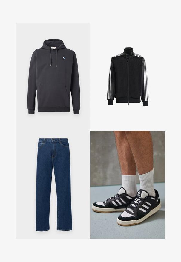 Svart mesh-jakke med glidelås foran, med solide svarte ermer og tre hvite striper langs armene. Ribbestrikkede mansjetter og nederkant.; Mørkegrå hettegenser med frontlomme og liten hvit- og blåfugllogo på venstre bryst.; Mørkeblå rette jeans i denim med frontlommer og knappelukking, vist på en enkel hvit bakgrunn.; Sorte og hvite sneakers med overdel i semsket skinn og lær, med tre hvite striper, perforert tå og en såle av gummi.