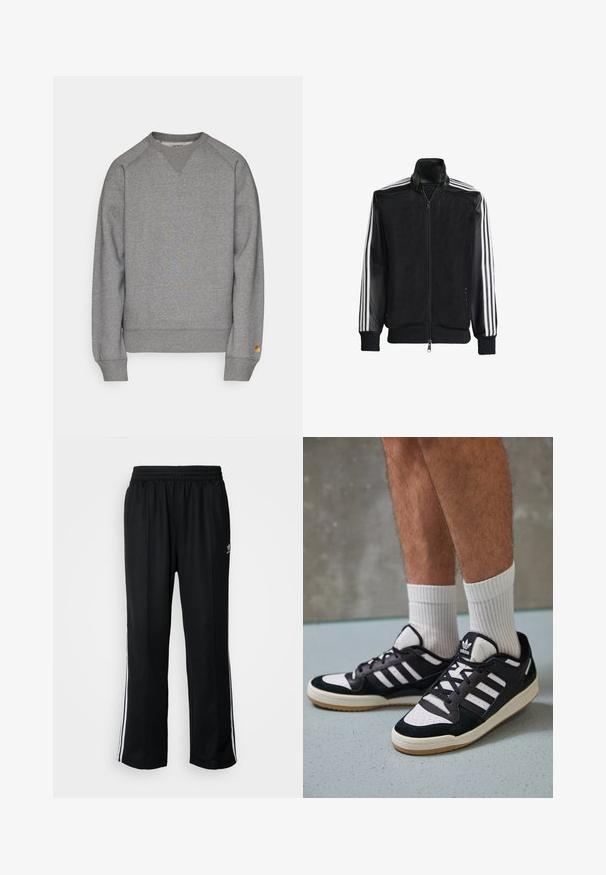 Černá síťovaná bunda na zip, s celými černými rukávy a třemi bílými pruhy podél rukávů. Hladké manžety a lem.; Carhartt WIP CHASE - Mikina - dark grey heather/gold; Černé sportovní kalhoty s elastickým pasem, s bílými bočními pruhy a malým logem. Materiál vypadá měkce a lehce.; Černobílé tenisky s vrchní částí z semišové a kožené kůže, včetně tří bílých pruhů, perforovaného špičky a podrážky z gumy.