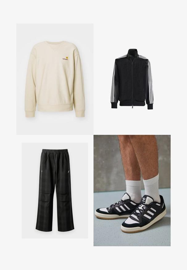 Zwarte maillotjas met een rits aan de voorkant, met stevige zwarte mouwen en drie witte strepen langs de armen. Geribbelde manchetten en zoom.; Beige sweatshirt met een ronde halslijn en raglanmouwen. Voorzien van een klein geborduurd logo op de linkerborst. Zacht, getextureerd materiaal.; Zwarte geruite broek met een elastische tailleband, twee voorzakken en een losse pasvorm met een rechte pijpdesign. Gemaakt van lichtgewicht materiaal.; Zwart-witte sneakers met een bovenwerk van suede en leer, voorzien van drie witte strepen, een geperforeerde neus en een rubberen gumzool.