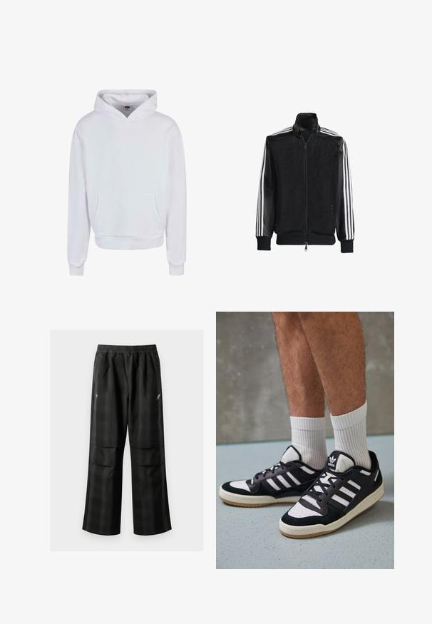 Giacca nera in rete con zip frontale, dotata di maniche nere solide e tre strisce bianche lungo le braccia. Polsini e orlo a coste.; Felpa bianca con cappuccio, dotata di una tasca a marsupio frontale, polsini e orlo ribattuti. Realizzata in materiale morbido con una superficie liscia.; Pantaloni a quadri neri con vita elasticizzata, due tasche frontali e una vestibilità ampia con design a gamba dritta. Realizzati in materiale leggero.; Sneaker bianco e nero con tomaia in suede e pelle, caratterizzati da tre strisce bianche, punta perforata e suola in gomma naturale.