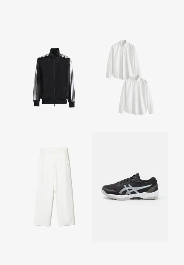 Črna mrežasta jakna z zadrgo spredaj, s trdnimi črnimi rokavi in tremi belimi črtami vzdolž rokavov. Rebrasti robovi in spodnji del.; Bela, dolga majica s krgnami in ovratnikom, ki ima žep, iz gladkega bombažnega blaga. Dve majici sta prikazani v zloženem položaju.; Bela široka hlače iz teksturiranega blaga. Imajo elastičen pas in dve stranski žep. Ohlapen, sproščen kroj.; Črna športna čevlja z mrežasto zgornjico, reflektivnim srebrnim logotipom, gumijastim podplatom in belimi detajli. Imajo oblazinjen ovratnik in trpežno zasnovo.