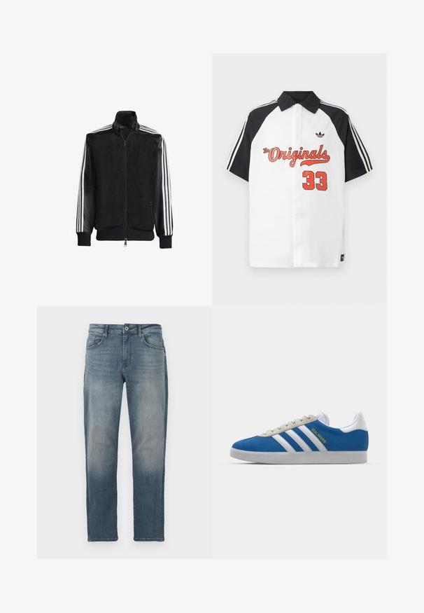 Jaqueta de malha preta com fecho zip, apresentando mangas pretas sólidas e três riscas brancas ao longo dos braços. Punhos e bainha canelados.; Polo branco de manga curta com colarinho preto, mangas pretas, gráfico vermelho "The Originals" e "33" impresso em vermelho na frente.; Jeans de ganga azul claro com corte reto, design de cinco bolsos, fecho de botão metálico e desbotamento subtil na parte da frente.; adidas Originals ADIDAS GAZELLE SHOES - Botas de futebol de salão - real madrid/bluebird/footwear white/crew yellow