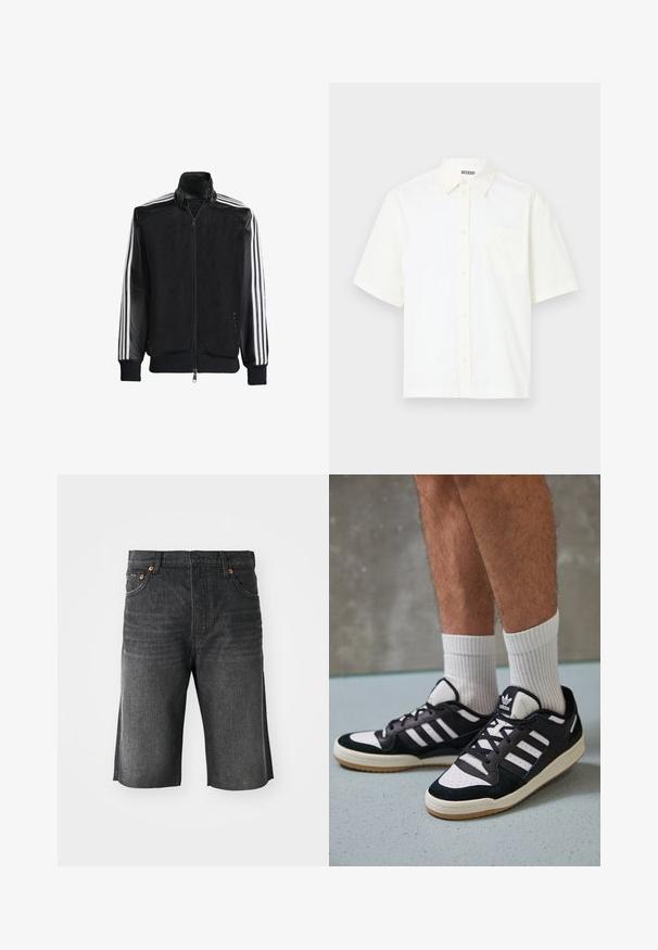 Svart mesh-jakke med glidelås foran, med solide svarte ermer og tre hvite striper langs armene. Ribbestrikkede mansjetter og nederkant.; Kortermet, knappet skjorte i off-white bomull. Har krage og en lomme på venstre bryst med et enkelt design og myk tekstur.; Mørkegrå denimshorts med rett snitt, fem lommer og oransje sømmer foran. Rengjort sømfinish ved kanten.; Sorte og hvite sneakers med overdel i semsket skinn og lær, med tre hvite striper, perforert tå og en såle av gummi.