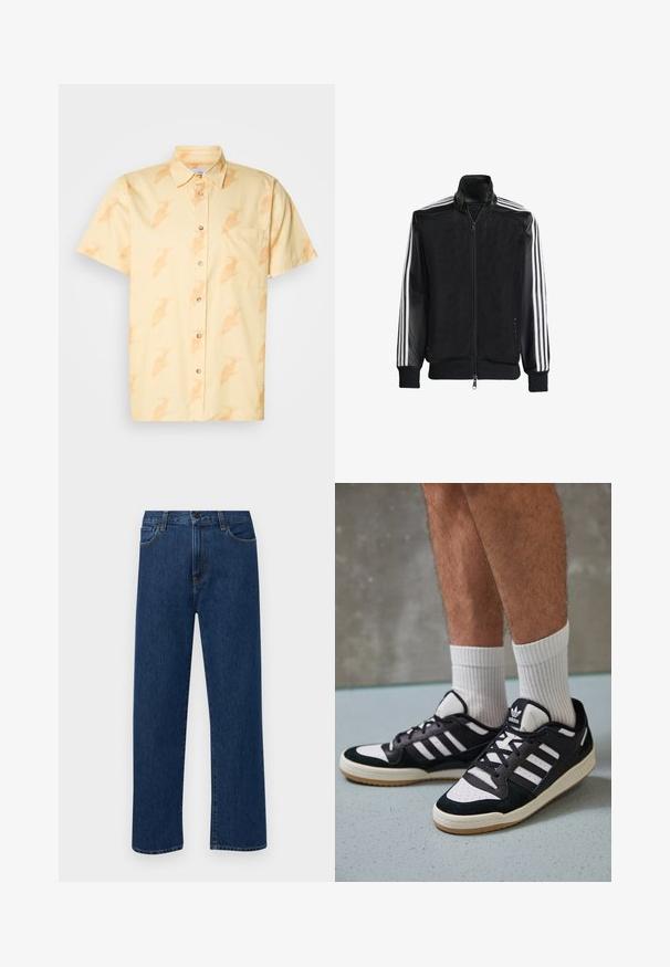 Črna mrežasta jakna z zadrgo spredaj, s trdnimi črnimi rokavi in tremi belimi črtami vzdolž rokavov. Rebrasti robovi in spodnji del.; Srajca s kratkimi rokavi v svetlo rumeni barvi z ponavljajočim se vzorcem ptic, en sam žep na prsih in rjavimi gumbi. Gladek bombažen material.; Temno modri jeans ravne krojenje z naprsnimi žepi in gumbom za zapiranje, prikazani na enostavni beli podlagi.; Črno-bele superge z zgornjim delom iz usnja in nubuka, ki imajo tri bele črte, perforiran vrh prstov in podplat iz gume.