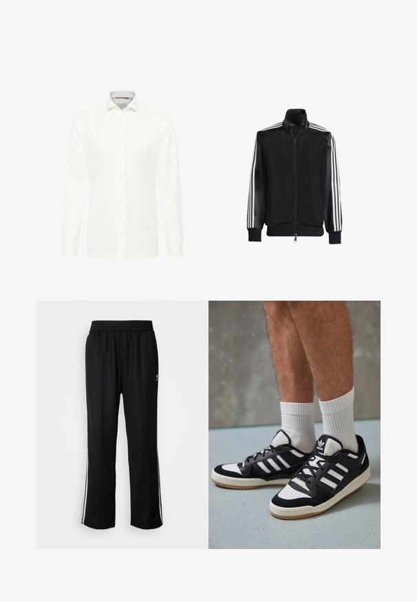 Veste en maille noire avec fermeture éclair à l'avant, présentant des manches noires unies et trois rayures blanches le long des bras. Poignets et ourlet côtelés.; Chemise blanche à manches longues en tissu lisse, avec un boutonnière à l'avant, un col pointu et des poignets standards. Design classique.; Pantalons de sport noirs avec une taille élastique, ornés de rayures blanches sur les côtés et d'un petit logo. Le matériau semble doux et léger.; Baskets noir et blanc avec une tige en suède et cuir, comportant trois rayures blanches, un bout perforé et une semelle en caoutchouc gum.