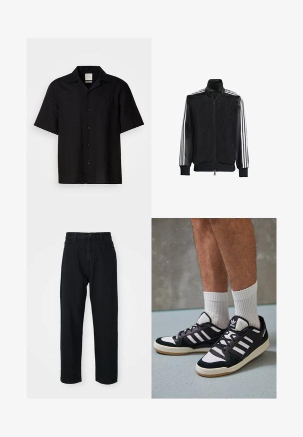 Fekete hálós dzseki, elöl cipzárral, amelynek egyszínű fekete ujjai és három fehér csíkja van a karokon. Rugalmas mandzsetták és derék.; Fekete, rövid ujjú ing, lenvászonból készült, gombos elöl jellemezve, hegyes gallérral és sima felülettel. Nincsenek hangsúlyos minták vagy díszítések.; Fekete farmernadrág egyenes szabással. Klasszikus öt zsebes dizájn, gombos záródás és diszkrét szövet textúra jellemzi.; Fekete-fehér tornacipők velúr és bőr felsőrésszel, három fehér csíkkal, perforált orral és gumi talppal.