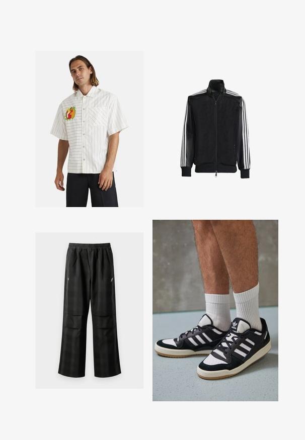 Zwarte maillotjas met een rits aan de voorkant, met stevige zwarte mouwen en drie witte strepen langs de armen. Geribbelde manchetten en zoom.; Witte korte mouwen shirt met zwarte verticale strepen, voorzien van een kleurrijke fruitborduursel op de linkerborst en een enkele voorzak.; Zwarte geruite broek met een elastische tailleband, twee voorzakken en een losse pasvorm met een rechte pijpdesign. Gemaakt van lichtgewicht materiaal.; Zwart-witte sneakers met een bovenwerk van suede en leer, voorzien van drie witte strepen, een geperforeerde neus en een rubberen gumzool.