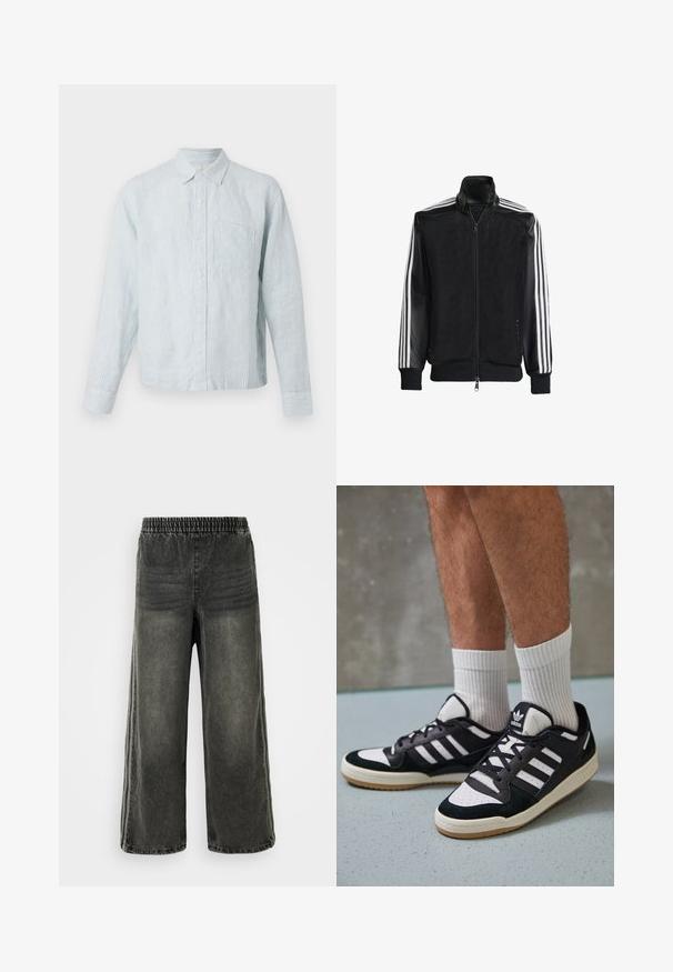 Must mustriga jope, millel on lukuga eesosa, ning mustad varrukad ja kolm valget triipu varrukate ääres. Ribaelastne mansett ja allääre.; Heledat sinise triibuga nööpidega särk pikkade varrukatega, ühe rinna taskuga ja klassikalise kraega, valmistatud pehmest tekstuuriga kangast.; Mustmust värvi denim püksid elastse vöökoha ja laiade jalgadega, millel on külgedel peened vertikaalsed õmblusdetailid.; Mustvalged ja valged spordijalatsid, mille pealmine osa on valmistatud suede'ist ja nahast. Kingadel on kolm valget riba, auguline varvas ja kummist tald.