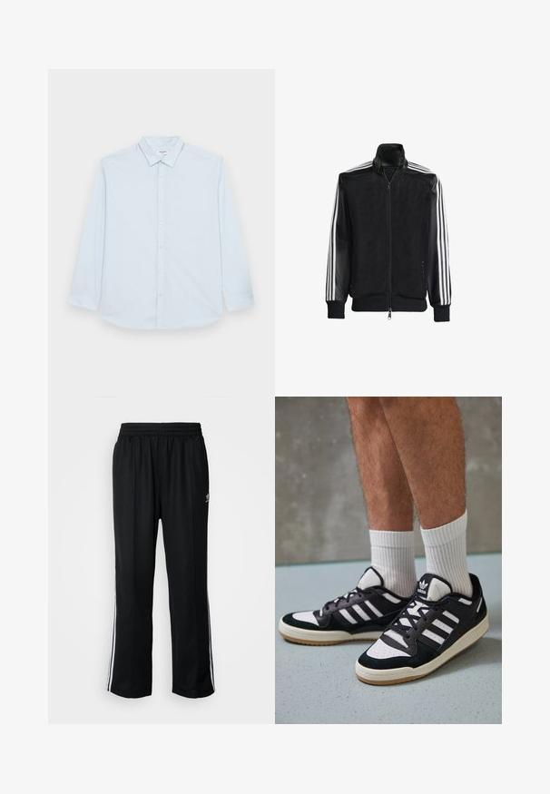 Jachetă din plasă neagră, cu fermoar față, având mâneci negre solide și trei dungi albe pe brațe. Manșete și tiv cu nervuri.; Jack & Jones JJJOE PLAIN NOOS - Cămașă - cashmere blue; Pantaloni atletici negri cu talie elastică, având dungi albe pe laterale și un mic logo. Materialul pare moale și ușor.; Adidași negri și albi cu un superior din suede și piele, prevăzuți cu trei dungi albe, un vârf perforat și o talpă din cauciuc caramel.