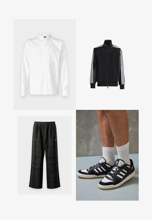 Melna režģa jakas ar rāvējslēdzēja priekšpusi, kam ir viendabīgas melnas piedurknes un trīs baltas svītras gar rokām. Ribota aproce un apakša.; Balta pogāju krekls, izgatavots no gludas auduma, ar klasisku apkakli, garām piedurknēm un taisnu apakšmalu. Minimālistisks dizains bez rakstiem.; Melnas kvadrātveida bikses ar elastīgu jostu, divām priekšējām kabatām un brīvu piegriezumu ar taisnām kājām. Izgatavotas no viegla materiāla.; Melnas un baltas kedas ar zamša un ādas augšdaļu, kas aprīkotas ar trim baltām svītrām, perforētu purngali un gumijas zolēm.