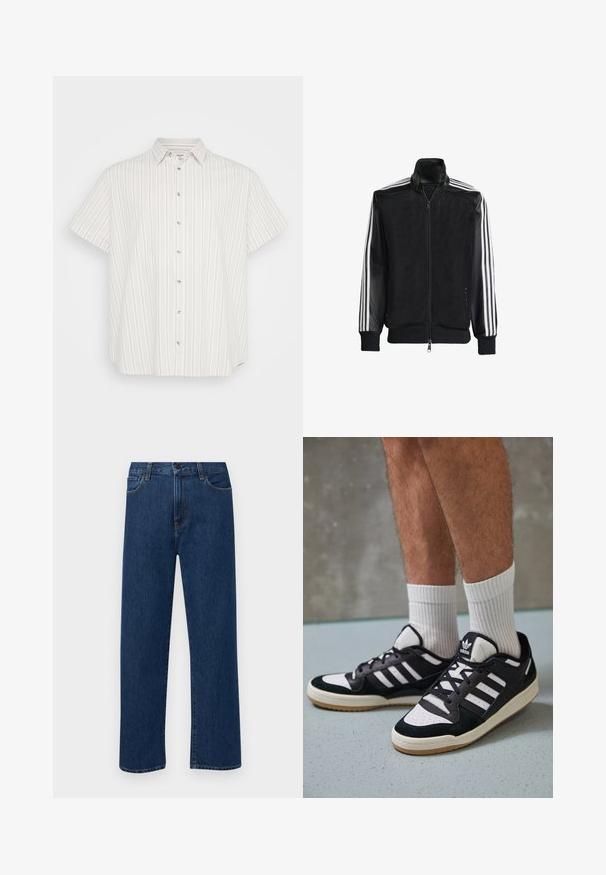 Schwarze Mesh-Jacke mit Reißverschluss vorne, die aus einem einfarbigen schwarzen Ärmeln und drei weißen Streifen an den Armen besteht. Gerippte Bündchen und Saum.; Kurzärmliges Button-up-Hemd in hellbeige mit vertikalen Streifen in verschiedenen Farbtönen. Verfügt über einen klassischen Kragen und eine leichte Stofftextur.; Dunkelblaue gerade geschnittene Jeans mit Fronttaschen und Knopfverschluss, auf einem schlichten weißen Hintergrund präsentiert.; Schwarz-weiße Sneaker mit einem Obermaterial aus Wildleder und Leder, ausgestattet mit drei weißen Streifen, einer perforierten Zehenpartie und einer Sohle aus Gummi.