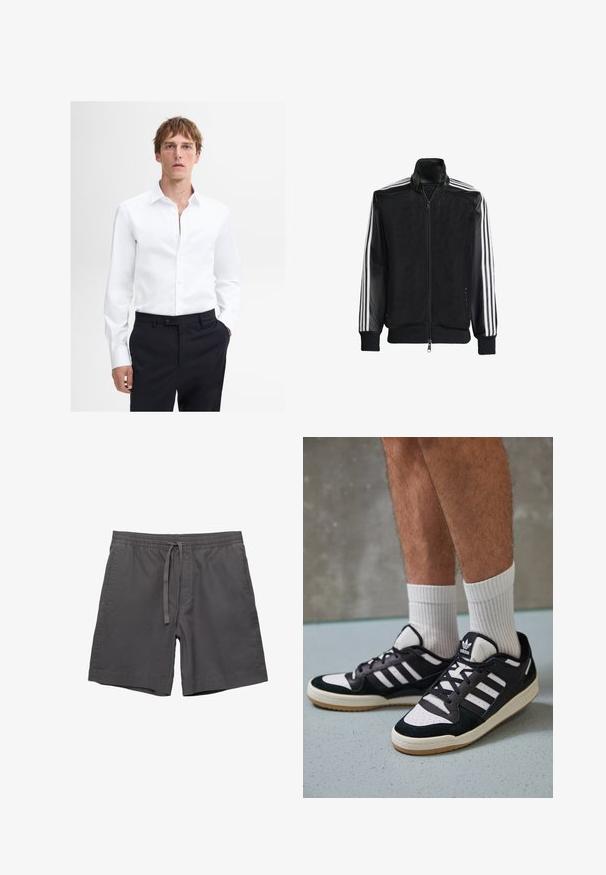 Giacca nera in rete con zip frontale, dotata di maniche nere solide e tre strisce bianche lungo le braccia. Polsini e orlo a coste.; Camicia bianca a maniche lunghe con colletto a punta e pattina frontale, indossata con pantaloni scuri sartoriali. Tessuto liscio, design pulito.; Pantaloni corti grigi in cotone con elastico in vita, cordoncino regolabile, tasche laterali e vestibilità comoda. Texture liscia e design fino al ginocchio.; Sneaker bianco e nero con tomaia in suede e pelle, caratterizzati da tre strisce bianche, punta perforata e suola in gomma naturale.