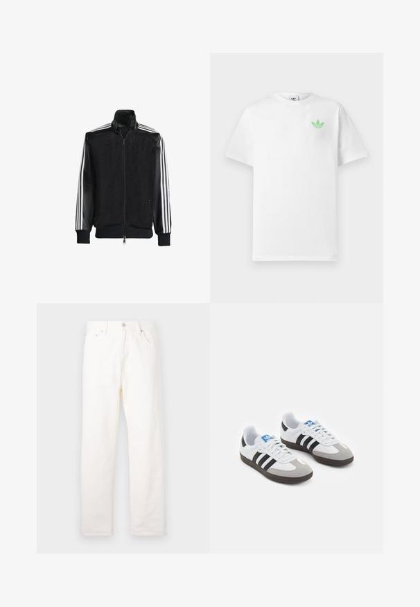 Veste en maille noire avec fermeture éclair à l'avant, présentant des manches noires unies et trois rayures blanches le long des bras. Poignets et ourlet côtelés.; T-shirt en coton blanc à manches courtes, arborant un petit logo Adidas vert sur la poitrine gauche. Design simple et classique avec un col rond.; Jean en denim blanc avec une coupe droite, comportant des poches avant, une fermeture à bouton en métal et des détails de couture classique.; Baskets avec une tige en cuir blanc, un bout en daim gris et trois bandes noires. Présente un logo bleu sur la languette et une semelle en caoutchouc texturée.