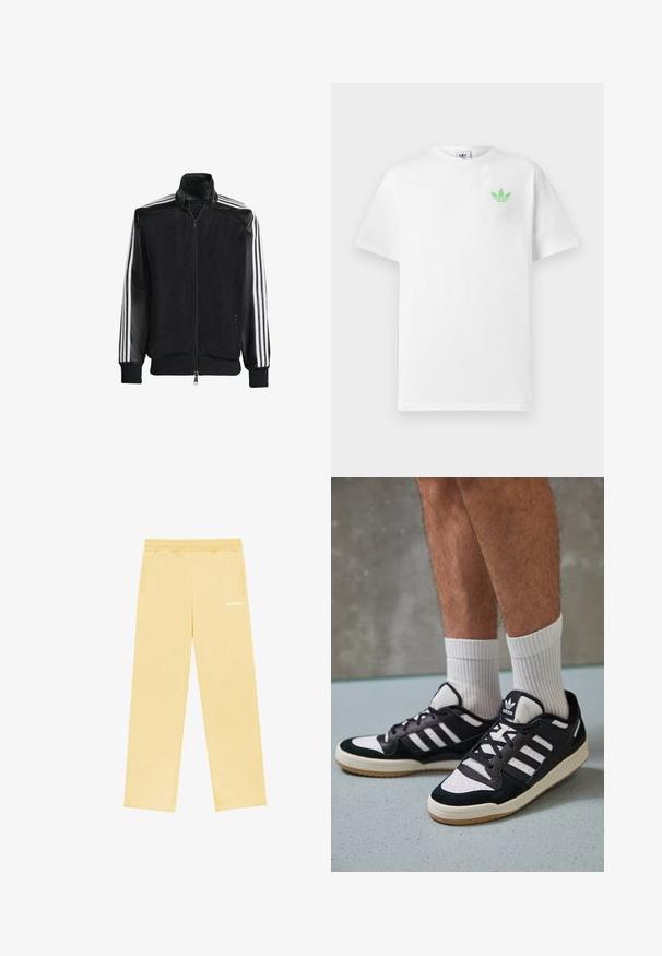 Jaqueta de malha preta com fecho zip, apresentando mangas pretas sólidas e três riscas brancas ao longo dos braços. Punhos e bainha canelados.; T-shirt de algodão branca com mangas curtas, apresentando um pequeno logótipo verde da Adidas no lado esquerdo do peito. Design simples e clássico com um decote redondo.; Calças de algodão amarelas com um corte descontraído, apresentando bolsos laterais e um pequeno logo branco na perna esquerda. Textura suave e design simples.; Ténis em preto e branco com upper em camurça e couro, apresentando três riscas brancas, um toe perfurado e uma sola em borracha de goma.