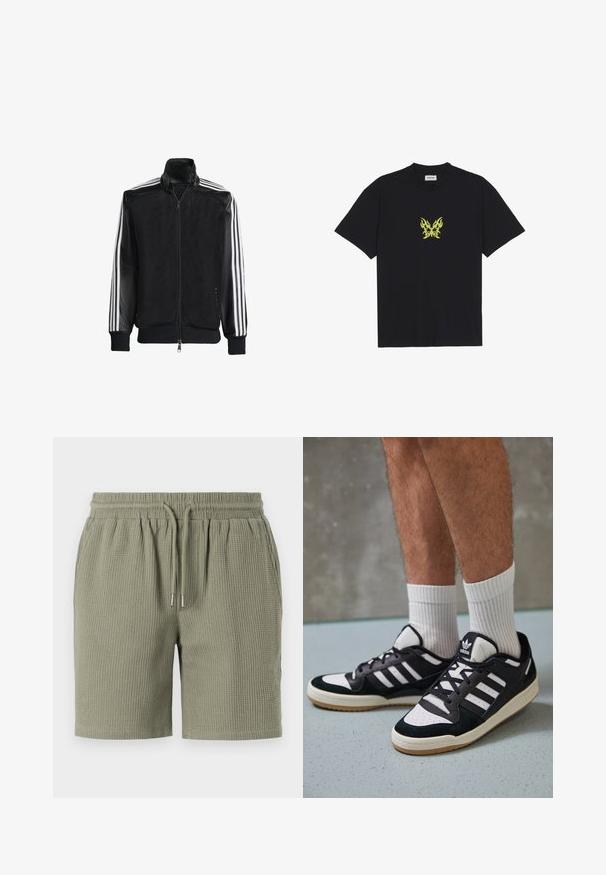 Svart nätjacka med dragkedja framtill, med enfärgade svarta ärmar och tre vita ränder längs armarna. Ribbstickade manschetter och nederkant.; Svart bomulls t-shirt med en liten, gul flammönstrad fjärilsgraphic på bröstet. Rundad halsringning, korta ärmar.; Vävd, olivgröna shorts med resårmidja, dragsko och avslappnad passform. Slät fåll vid benen.; Svartvita sneakers med ovandel i mocka och läder, med tre vita ränder, perforerad tå och sula av gummigummi.
