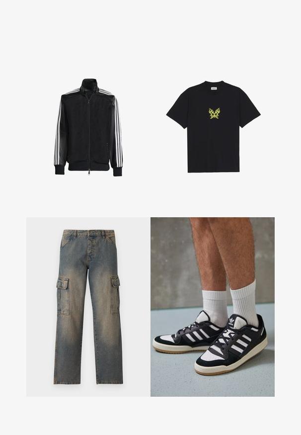 Črna mrežasta jakna z zadrgo spredaj, s trdnimi črnimi rokavi in tremi belimi črtami vzdolž rokavov. Rebrasti robovi in spodnji del.; Črna bombažna majica s kratkimi rokavi, ki na prsih prikazuje majhen grafični motiv metulja v rumenem plamenskem vzorcu. Okrogla izrezana vratna linija.; Denim cargo hlače v zbledeli modri barvi, ohlapnega kroja, s dvema velikima stranskima žepoma, šivanimi šivi in klasičnim dizajnom pasu.; Črno-bele superge z zgornjim delom iz usnja in nubuka, ki imajo tri bele črte, perforiran vrh prstov in podplat iz gume.