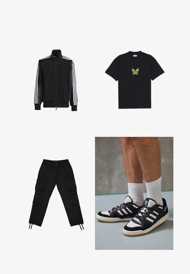 Svart mesh-jakke med glidelås foran, med solide svarte ermer og tre hvite striper langs armene. Ribbestrikkede mansjetter og nederkant.; Sort bomull T-skjorte med et lite, gult flamme-mønster av en sommerfugl på brystet. Rund hals, korte ermer.; Svarte cargobukser med flere store sidelommer, snøring i midjen, innsnevrede benåpninger og en glatt stofftekstur.; Sorte og hvite sneakers med overdel i semsket skinn og lær, med tre hvite striper, perforert tå og en såle av gummi.
