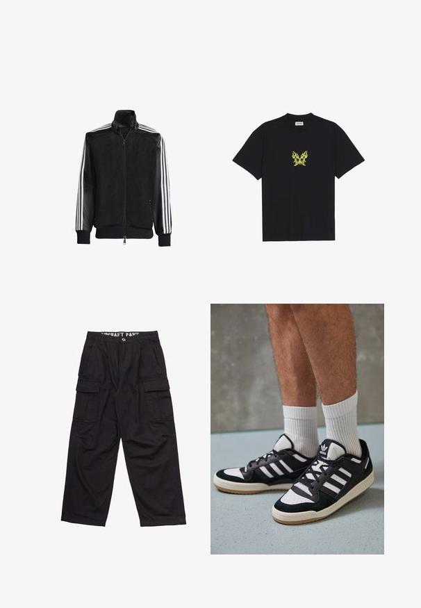 Zwarte maillotjas met een rits aan de voorkant, met stevige zwarte mouwen en drie witte strepen langs de armen. Geribbelde manchetten en zoom.; Zwarte katoenen t-shirt met een kleine gele vlinderafbeelding met vlampatroon op de borst. Ronde halslijn, korte mouwen.; Zwarte cargobroek van katoen, met een relaxte pasvorm, meerdere zijzakken en een platte tailleband met zichtbare details.; Zwart-witte sneakers met een bovenwerk van suede en leer, voorzien van drie witte strepen, een geperforeerde neus en een rubberen gumzool.