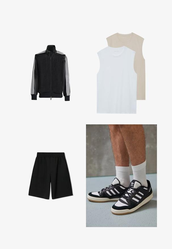 Fekete hálós dzseki, elöl cipzárral, amelynek egyszínű fekete ujjai és három fehér csíkja van a karokon. Rugalmas mandzsetták és derék.; Két ujjatlan póló: az egyik fehér, a másik világos bézs. Mindkettő kerek nyakkivágású és puha, sima anyagból készült, laza szabású.; Fekete pamut rövidnadrág rugalmas derékkal, oldalsó zsebekkel és laza szabással, sima textura és egyenes szegéssel.; Fekete-fehér tornacipők velúr és bőr felsőrésszel, három fehér csíkkal, perforált orral és gumi talppal.