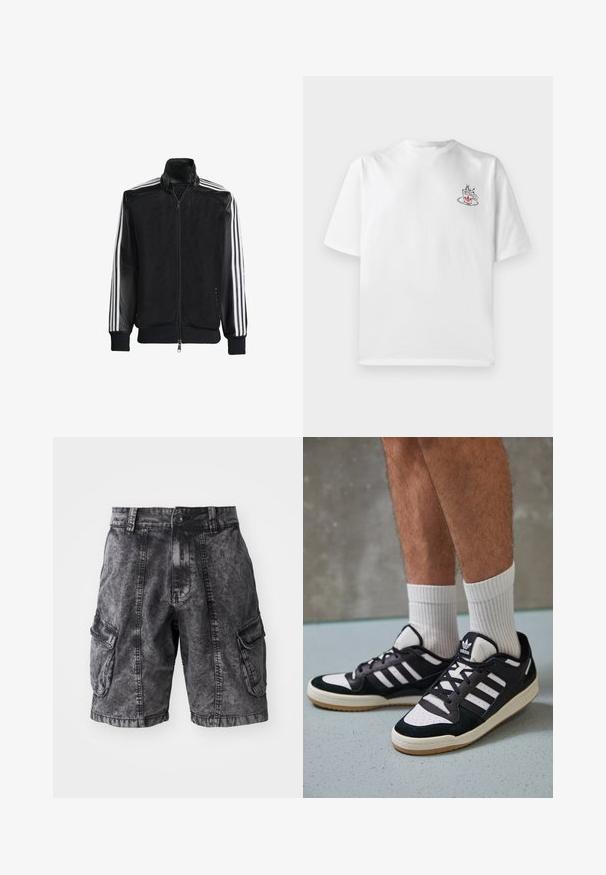 Czarna siateczkowa kurtka z zamkiem z przodu, z jednolitymi czarnymi rękawami i trzema białymi paskami wzdłuż ramion. Prążkowane mankiety i dół.; Biała bawełniana koszulka z krótkim rękawem, z małą różową i czarną grafiką filiżanki kawy na lewej stronie klatki piersiowej.; Czarne dżinsowe szorty cargo z lekko wyblakłą fakturą, dwoma bocznymi kieszeniami i zapięciem na guzik. Długość do kolan z wzmocnionymi szwami.; Czarno-białe sneakersy z zamszową i skórzaną cholewką, z trzema białymi paskami, perforowanym czubkiem i gumową podeszwą w kolorze gumy.