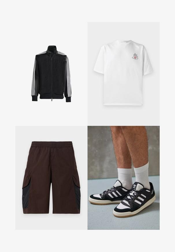 Črna mrežasta jakna z zadrgo spredaj, s trdnimi črnimi rokavi in tremi belimi črtami vzdolž rokavov. Rebrasti robovi in spodnji del.; Bela bomba majica s kratkimi rokavi, ki vsebuje majhen grafični motiv kave v roza in črni barvi na levem prsnem delu.; Rjavi hlače s elastičnim pasom, ki imajo črne stranske panele in žepke. Material je videti lahek z gladko teksturo.; Črno-bele superge z zgornjim delom iz usnja in nubuka, ki imajo tri bele črte, perforiran vrh prstov in podplat iz gume.