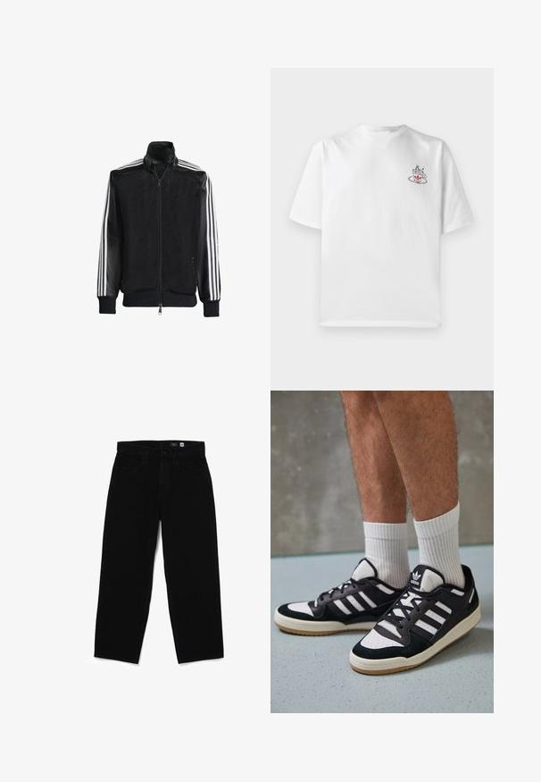 Czarna siateczkowa kurtka z zamkiem z przodu, z jednolitymi czarnymi rękawami i trzema białymi paskami wzdłuż ramion. Prążkowane mankiety i dół.; Biała bawełniana koszulka z krótkim rękawem, z małą różową i czarną grafiką filiżanki kawy na lewej stronie klatki piersiowej.; Czarne dżinsy o prostym kroju z zapięciem na guzik, pięcioma kieszeniami i gładką fakturą. Metka widoczna wewnątrz pasa, wskazująca rozmiar 32.; Czarno-białe sneakersy z zamszową i skórzaną cholewką, z trzema białymi paskami, perforowanym czubkiem i gumową podeszwą w kolorze gumy.