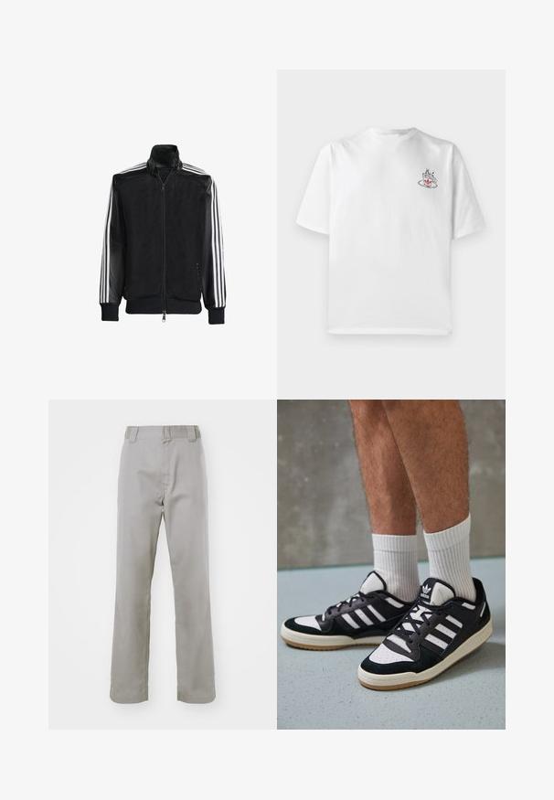 Veste en maille noire avec fermeture éclair à l'avant, présentant des manches noires unies et trois rayures blanches le long des bras. Poignets et ourlet côtelés.; T-shirt en coton blanc à manches courtes, avec un petit graphique de tasse à café rose et noir sur le côté gauche de la poitrine.; Pantalons en coton gris avec une coupe droite, présentant un devant plat, des passants de ceinture et une texture lisse.; Baskets noir et blanc avec une tige en suède et cuir, comportant trois rayures blanches, un bout perforé et une semelle en caoutchouc gum.