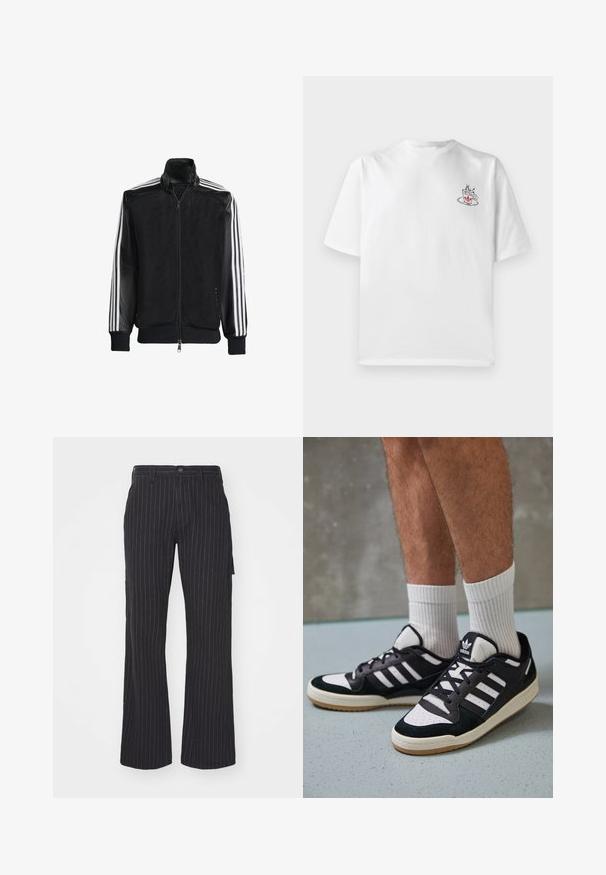 Juodas permatomas džemperis su užtrauktuku priekyje, turintis vientisas juodas rankoves ir tris baltas juostas ant rankų. Raukšlėtos rankogaliai ir apatinė dalis.; Balta medvilninė marškinėliai trumpomis rankovėmis, su mažo rožinio ir juodo kavos puodelio grafika kairėje krūtinės srityje.; Juodos juostuotų plačių kojų kelnės su lygiu priekiniu kraštu, aukštu liemeniu ir šoninėmis kišenėmis, pagamintos iš tekstūruoto audinio, su kontrastingomis juostelėmis.; Juodos ir baltos sportinės bateliai su zomšiniu ir odiniu viršumi, su trimis baltomis juostelėmis, perforuota koja ir guminėmis padais.