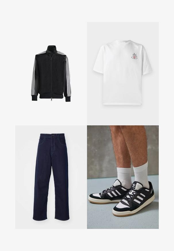 Musta verkkomantteli, jossa on vetoketjulla suljettava etuosa, mustat hihat ja kolme valkoista raitaa käsivarsilla. Ribbaatut hihansuut ja helma.; Valkoinen puuvillapaita lyhyillä hihoilla, jossa on pieni vaaleanpunainen ja musta kahvimuki -kuvio vasemmassa rinnassa.; Tummansiniset farkut suoralinjaisella leikkauksella, joissa on etupainike, vyölenkit ja erottuvat tikkaus yksityiskohdat.; Valkoiset ja mustat tennarit, joissa on mokkanahka- ja nahkapäällinen, kolme valkoista raitaa, rei'itetty kärki ja kumipohja.