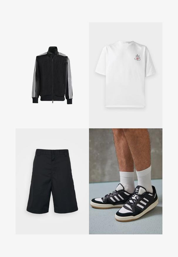 Melna režģa jakas ar rāvējslēdzēja priekšpusi, kam ir viendabīgas melnas piedurknes un trīs baltas svītras gar rokām. Ribota aproce un apakša.; Balts kokvilnas t-krekls ar īsām piedurknēm, ar mazu rozā un melnu kafijas krūzes grafiku kreisajā krūšu daļā.; Melni šorti no auduma ar austām šķiedrām, ar taisnu griezumu, standarta jostu un bez rakstiem vai redzamām detaļām.; Melnas un baltas kedas ar zamša un ādas augšdaļu, kas aprīkotas ar trim baltām svītrām, perforētu purngali un gumijas zolēm.