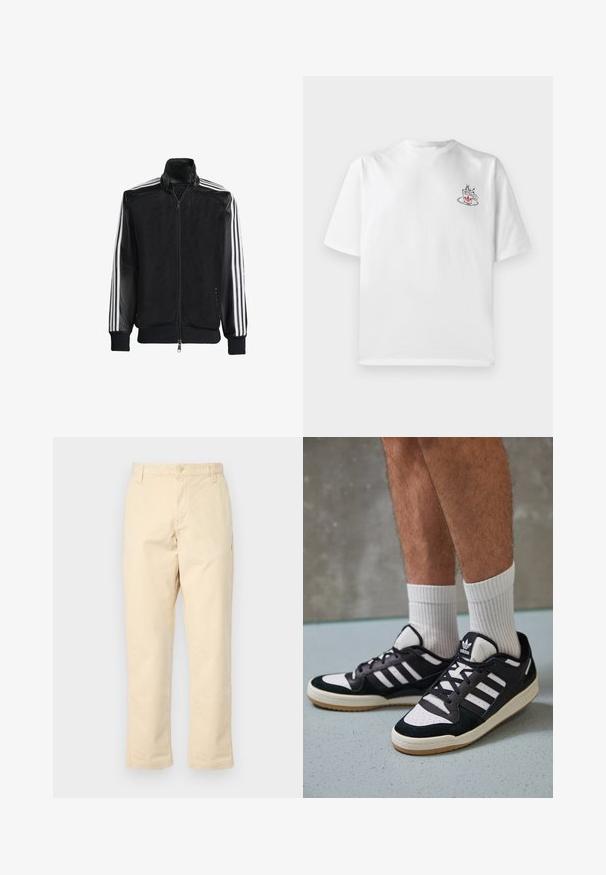 Veste en maille noire avec fermeture éclair à l'avant, présentant des manches noires unies et trois rayures blanches le long des bras. Poignets et ourlet côtelés.; T-shirt en coton blanc à manches courtes, avec un petit graphique de tasse à café rose et noir sur le côté gauche de la poitrine.; Pantalons en coton beige avec une coupe droite, fermeture à bouton à l'avant et deux poches latérales, présentant une texture côtelée subtile.; Baskets noir et blanc avec une tige en suède et cuir, comportant trois rayures blanches, un bout perforé et une semelle en caoutchouc gum.