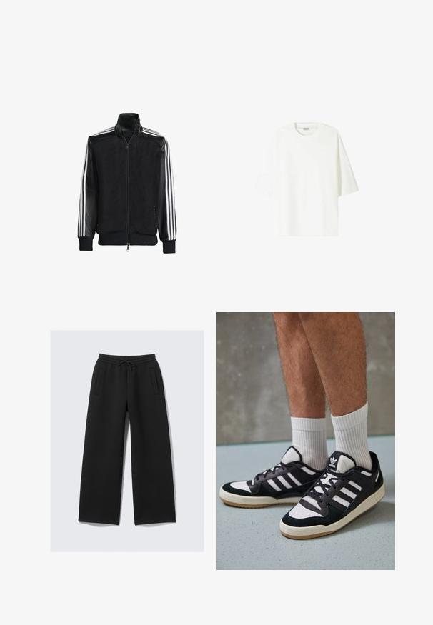 Fekete hálós dzseki, elöl cipzárral, amelynek egyszínű fekete ujjai és három fehér csíkja van a karokon. Rugalmas mandzsetták és derék.; Fehér, rövid ujjú póló, amely pamutból készült, kerek nyakkivágással és laza szabással, egyenes alsó szegéllyel.; Fekete, bő szárú melegítőnadrág elasztikus derékkal és húzózsinórral, elől két függőleges résszel rendelkező zsebekkel.; Fekete-fehér tornacipők velúr és bőr felsőrésszel, három fehér csíkkal, perforált orral és gumi talppal.