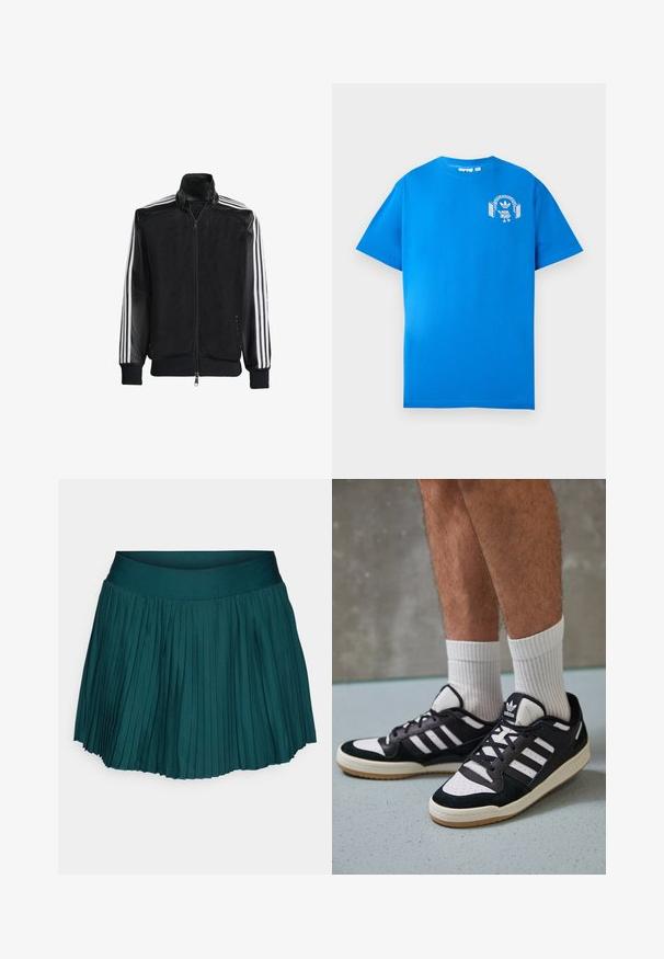 Črna mrežasta jakna z zadrgo spredaj, s trdnimi črnimi rokavi in tremi belimi črtami vzdolž rokavov. Rebrasti robovi in spodnji del.; Modra bombažna majica s kratkimi rokavi. Ima bel grafični dizajn na sprednji strani, ki prikazuje lik s slušalkami in lokom.; Nabrana mini krila v temno zeleni barvi, z širokim in gladkim pasom. Narejena iz lahkotnega materiala z mehkimi tkaninami in enakomernimi naborki.; Črno-bele superge z zgornjim delom iz usnja in nubuka, ki imajo tri bele črte, perforiran vrh prstov in podplat iz gume.