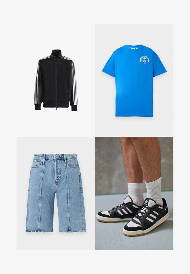 Must mustriga jope, millel on lukuga eesosa, ning mustad varrukad ja kolm valget triipu varrukate ääres. Ribaelastne mansett ja allääre.; Sinine puuvillane T-särk lühikeste varrukatega. Ees on valge graafiline kujundus, mis kujutab tegelast, kellel on kõrvaklapid ja kaar.; Heledad helesinine teksashorts, millel on sirge lõige, viie tasku kujundus ning kerge kulumisefekt, metallnööbid ja õmbluse aktsendid.; Mustvalged ja valged spordijalatsid, mille pealmine osa on valmistatud suede'ist ja nahast. Kingadel on kolm valget riba, auguline varvas ja kummist tald.