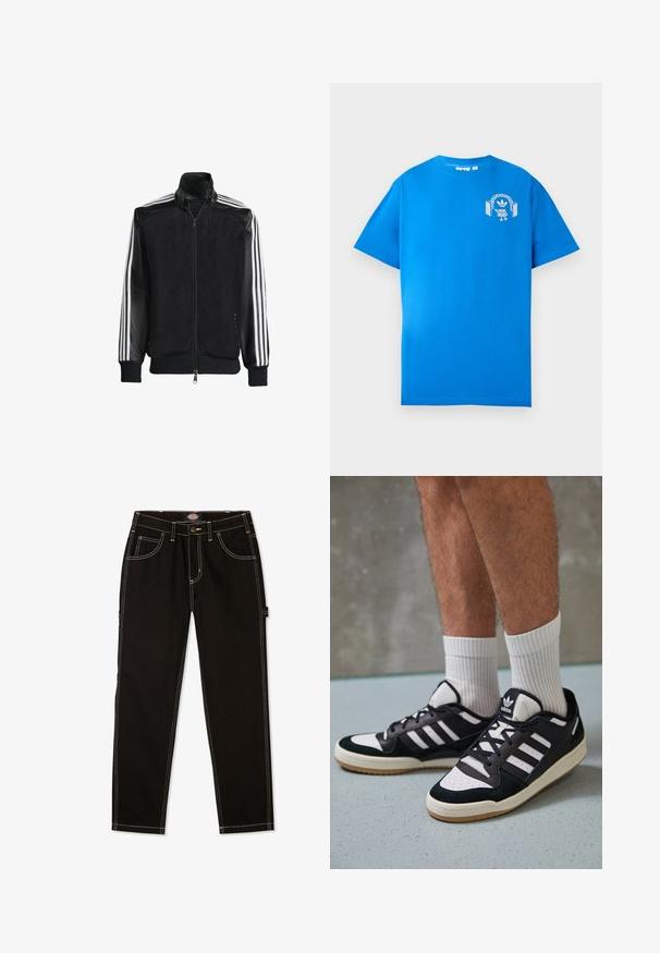 Černá síťovaná bunda na zip, s celými černými rukávy a třemi bílými pruhy podél rukávů. Hladké manžety a lem.; Modré bavlněné tričko s krátkým rukávem. Na přední straně je bílé grafické provedení s postavou s sluchátky a obloukem.; Černé džíny se kontrastním bílým šitím, pěti kapsami a štítkem na boku. Standardní střih, rovný design nohavic.; Černobílé tenisky s vrchní částí z semišové a kožené kůže, včetně tří bílých pruhů, perforovaného špičky a podrážky z gumy.