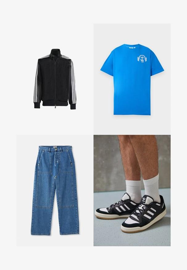 Črna mrežasta jakna z zadrgo spredaj, s trdnimi črnimi rokavi in tremi belimi črtami vzdolž rokavov. Rebrasti robovi in spodnji del.; Modra bombažna majica s kratkimi rokavi. Ima bel grafični dizajn na sprednji strani, ki prikazuje lik s slušalkami in lokom.; Modre široke hlače iz denima imajo visok pas, velike sprednje žepe in edinstven patchwork dizajn z vidnimi šivi in kovinskimi dekoracijami.; Črno-bele superge z zgornjim delom iz usnja in nubuka, ki imajo tri bele črte, perforiran vrh prstov in podplat iz gume.