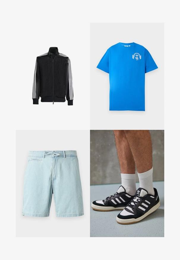 Jaqueta de malha preta com fecho zip, apresentando mangas pretas sólidas e três riscas brancas ao longo dos braços. Punhos e bainha canelados.; Camiseta de algodão azul com mangas curtas. Apresenta um design gráfico branco na parte da frente, exibindo um personagem com auscultadores e um arco.; Calças de ganga de tom azul claro com cintura elástica e detalhe de amarração, apresentando bolsos laterais e um corte descontraído. Textura suave, design casual.; Ténis em preto e branco com upper em camurça e couro, apresentando três riscas brancas, um toe perfurado e uma sola em borracha de goma.