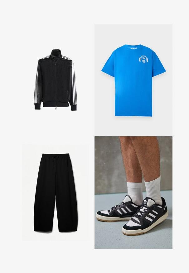 Črna mrežasta jakna z zadrgo spredaj, s trdnimi črnimi rokavi in tremi belimi črtami vzdolž rokavov. Rebrasti robovi in spodnji del.; Modra bombažna majica s kratkimi rokavi. Ima bel grafični dizajn na sprednji strani, ki prikazuje lik s slušalkami in lokom.; Črne široke hlače z elastičnim pasom in vrvico. Mehak material z gladko teksturo. Ravno krojene z bočnimi šivi.; Črno-bele superge z zgornjim delom iz usnja in nubuka, ki imajo tri bele črte, perforiran vrh prstov in podplat iz gume.