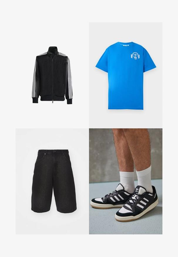 Chaqueta de malla negra con cierre de cremallera en la parte delantera, que presenta mangas negras sólidas y tres rayas blancas a lo largo de los brazos. Puños y dobladillo acanalados.; Camiseta de algodón azul con mangas cortas. Presenta un diseño gráfico blanco en la parte frontal, que muestra un personaje con auriculares y un arco.; Pantalones cortos de mezclilla negra con un corte relajado, con una cintura alta, cinco bolsillos y un leve desvanecimiento. Tela duradera con una textura suave.; Zapatillas en blanco y negro con parte superior de ante y cuero, que presentan tres franjas blancas, una puntera perforada y una suela de goma.
