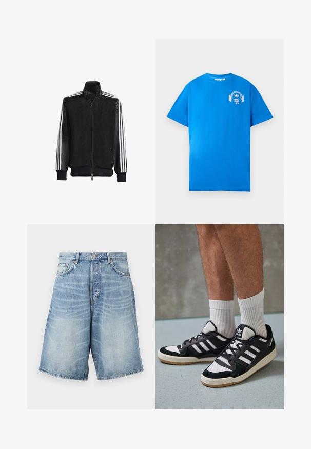 Veste en maille noire avec fermeture éclair à l'avant, présentant des manches noires unies et trois rayures blanches le long des bras. Poignets et ourlet côtelés.; T-shirt en coton bleu à manches courtes. Présente un design graphique blanc sur le devant, affichant un personnage avec des écouteurs et un arc.; Shorts en denim bleu clair avec un délavage. Comprend une taille avec bouton, des passants de ceinture et deux poches avant.; Baskets noir et blanc avec une tige en suède et cuir, comportant trois rayures blanches, un bout perforé et une semelle en caoutchouc gum.