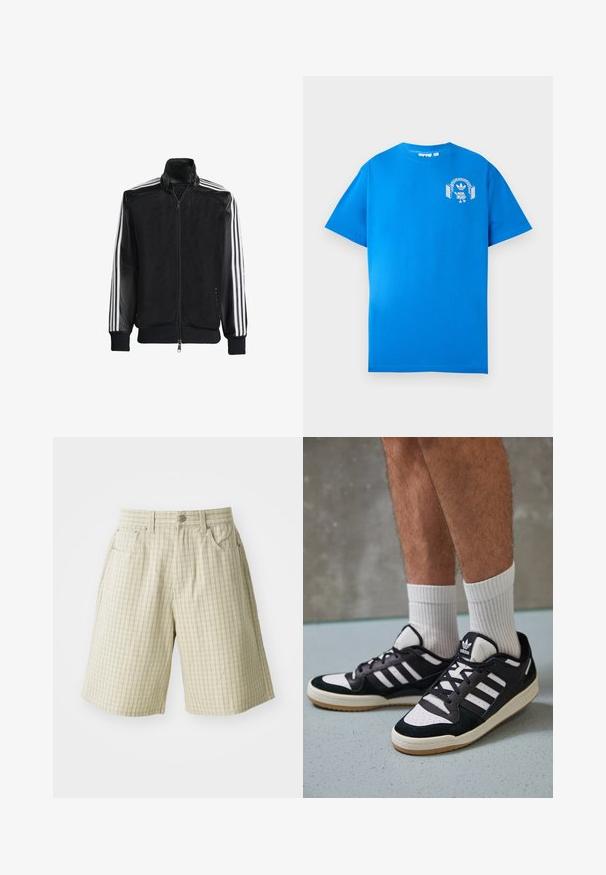 Svart mesh-jakke med glidelås foran, med solide svarte ermer og tre hvite striper langs armene. Ribbestrikkede mansjetter og nederkant.; Blå bomull T-skjorte med korte ermer. Har et hvitt grafisk design på forsiden, som viser en karakter med hodetelefoner og en bue.; Beige rutete shorts laget av lett stoff, med to sidelommer, knappelukking og en avslappet passform.; Sorte og hvite sneakers med overdel i semsket skinn og lær, med tre hvite striper, perforert tå og en såle av gummi.