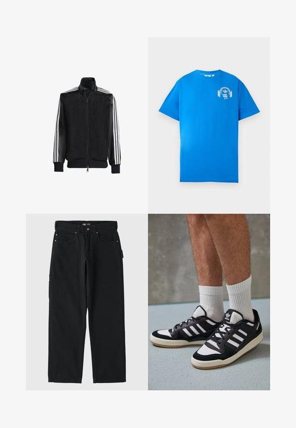 Juodas permatomas džemperis su užtrauktuku priekyje, turintis vientisas juodas rankoves ir tris baltas juostas ant rankų. Raukšlėtos rankogaliai ir apatinė dalis.; Mėlyna medvilninė marškinė su trumpomis rankovėmis. Priekyje yra balta grafikų dizaino detalė, vaizduojanti personažą su ausinėmis ir arka.; Juodos medvilnės kelnės su tiesiomis kojomis, turinčios dvi priekinės kišenes, vieną galinę kišenę ir auksinės spalvos detalės.; Juodos ir baltos sportinės bateliai su zomšiniu ir odiniu viršumi, su trimis baltomis juostelėmis, perforuota koja ir guminėmis padais.